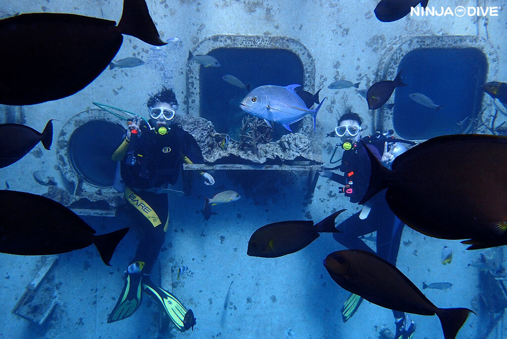 NINJA DIVE 忍者ダイブ 貸し切り プライベート ビーチダイビング グアム 体験ダイビング ビギナー 初心者 ダイビングショップ 水中展望台 お魚いっぱい 親子 母娘 カップル ピティボムホール